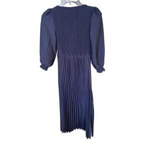 Navy Blue Pleated Midi Dress with Puff Sleeves Size Small